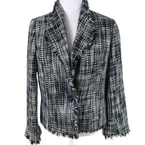 Vintage Methode Size 6 Black White Tweed Fringe Blazer Jacket Career Preppy
